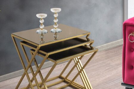 Venedik Bronz Aynalı Zigon Sehpa 3’lü Set – Gold Metal Ayaklı Modern Tasarım
