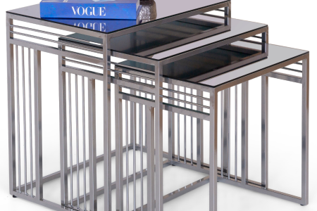 Mobievim Milano 3’lü Füme Cam Zigon Sehpa Takımı – Gümüş Metal Ayaklı Modern Sehpa Seti