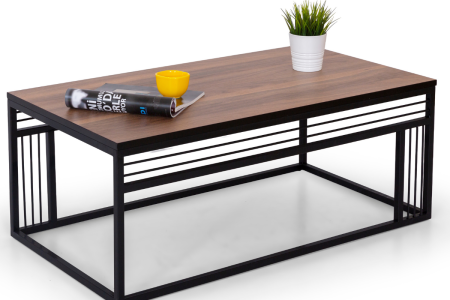 Milano Siyah Metal Ayaklı Ceviz Üst Tablalı Orta Sehpa – Modern Dikdörtgen Salon Sehpası