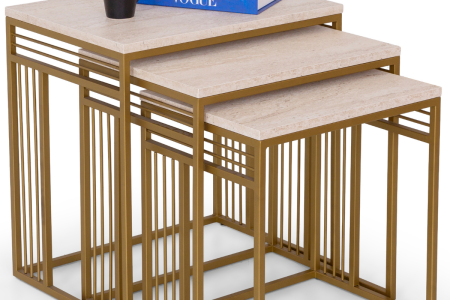 Milano Gold Metal Ayaklı Traverten Üst Tabla-Modern Üçlü Zigon Sehpa