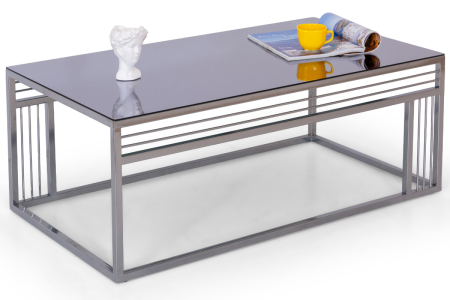 Milano Gümüş Metal Ayaklı Füme Aynalı Orta Sehpa – Modern Dikdörtgen Salon Sehpası