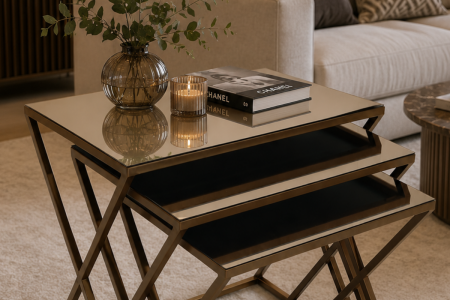 Mobievim Venedik Eskitme Bakır Metal Ayaklı Bronz Aynalı Zigon Sehpa – Modern 3’lü Zigon Sehpa Takımı