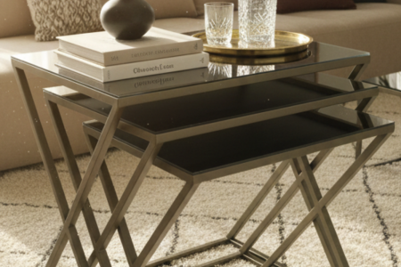 Mobievim Venedik Eskitme Bakır Metal Ayaklı Bronz Aynalı Zigon Sehpa – Modern 3’lü Zigon Sehpa Takımı